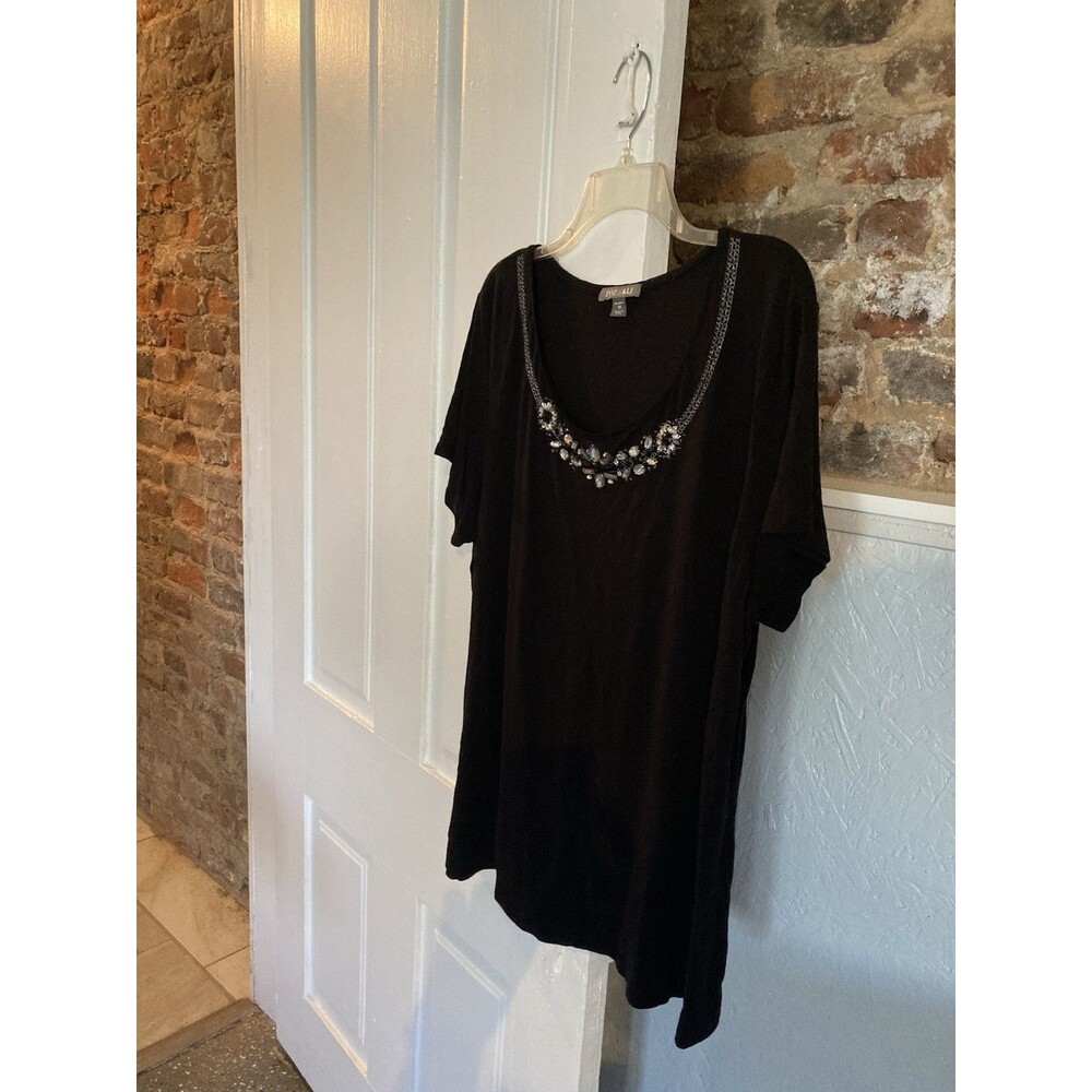 Roz & Ali Top 1X Plus Black Embellished Rhinestones Stretch Good Condition